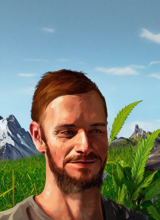 Image similar to digital portrait of a person looking like aleksandr lukanhesko cultivating weed in mountains, hot sun, photo realism