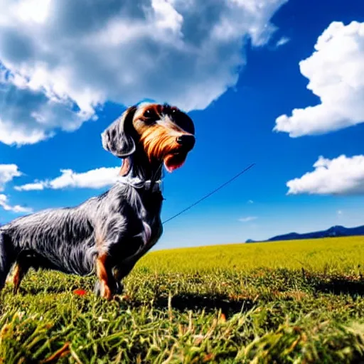 Image similar to grey, elderly wire-haired dachshund flying in heaven, floating in the sky, blue sky, surrounded by beautiful white clouds, heaven landscape