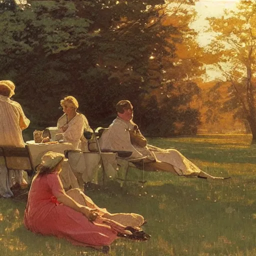 Image similar to Print. Conceptual art, the warm, golden light of the sun casts a beautiful glow on the scene, and the gentle breeze ruffles the leaves of the trees. The figures in the conceptual art are engaged in a simple activity, the way they are positioned and the expressions on their faces suggest a deep connection. Peace and contentment, idyllic setting. by Walter Langley evocative, subtle