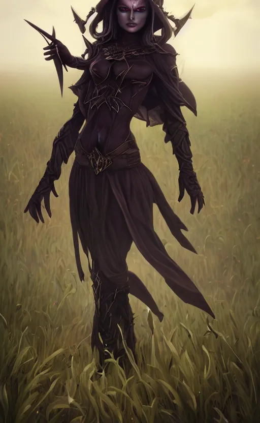 Image similar to medium shot of dark elf witch in field, sunny, highly detailed, d & d, fantasy, highly detailed, digital painting, trending on artstation, concept art, sharp focus, illustration, global illumination, ray tracing, realistic shaded, art by artgerm and greg rutkowski and fuji choko and viktoria gavrilenko and hoang lap