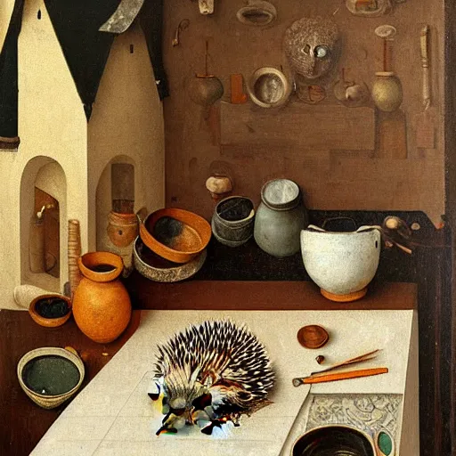 Prompt: painting of a hedgehog holding a small cup on a table in a ceramic workshop, surrounded by ceramicists tools and unfinished bowls, oil painting, northern renaissance art, oil on canvas, wet - on - wet technique, realistic, intricate textures, illusionistic detail