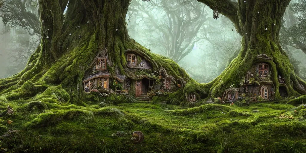 Image similar to a photorealistic cg render of huge old twisted tree with tiny mossy hobbit houses built into it, covered in moss, flowers and mushrooms, hints of peter mohrbacher, georges remi, albert uderzo, super - realistic, insanely intricate and detailed, atmospheric, volumetric lighting, cinematic, 4 k, high definition