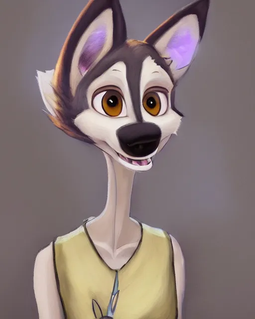 Image similar to oil painting of anthromorphic female wolf, in style of zootopia, zootopia, zootopia, fursona, furry, furaffinity, 4 k, deviantart, furry art, fursona art, wearing black business suit, business suit, in style of zootopia, wolf fursona, cyberpunk, female, expressive detailed feminine face,
