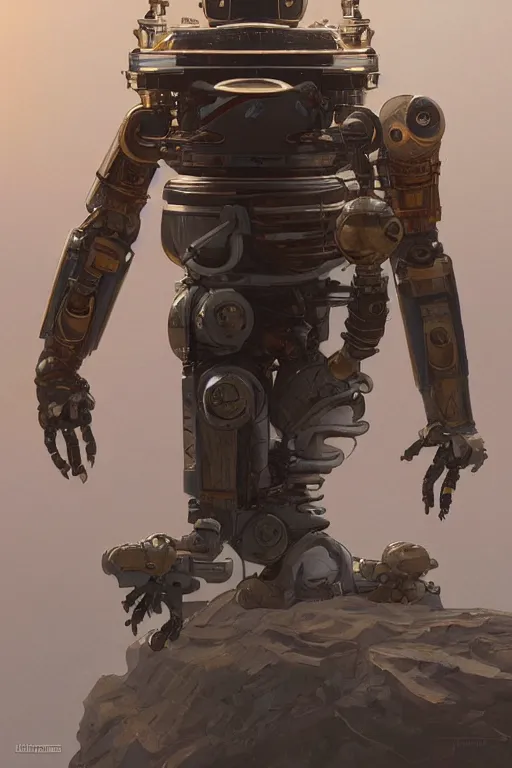 Image similar to portrait of a robot with a bronze armor, landing on the moon, highly detailed, digital painting, artstation, concept art, sharp focus, illustration, art by WLOP and tian zi and alphonse mucha