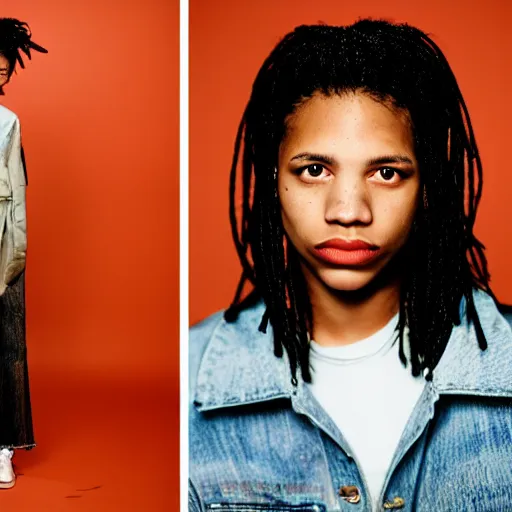 Image similar to realistic! photoshoot for a new vetements lookbook, color film photography, portrait of a beautiful woman, tinfoil background, in style of tyler mitchell, 35mm