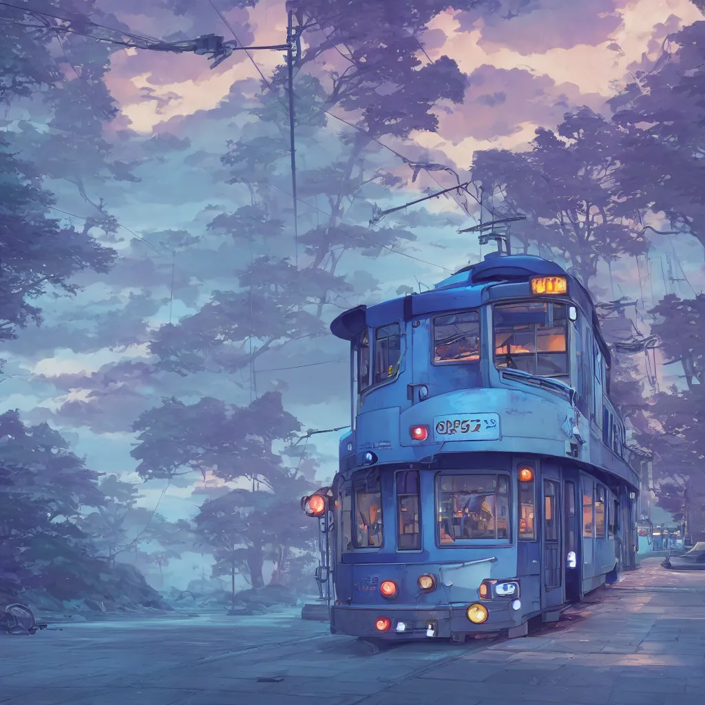 Image similar to a blue purple streetcar is running on the maple leaf sea, unreal engine, fantasy art by greg, loish, rhads, ferdinand knab, makoto shinkai and lois van baarle, ilya kuvshinov, rossdraws, tom bagshaw, night lighting, trending onstudio ghibli, highly detailed, octane render, 8 k