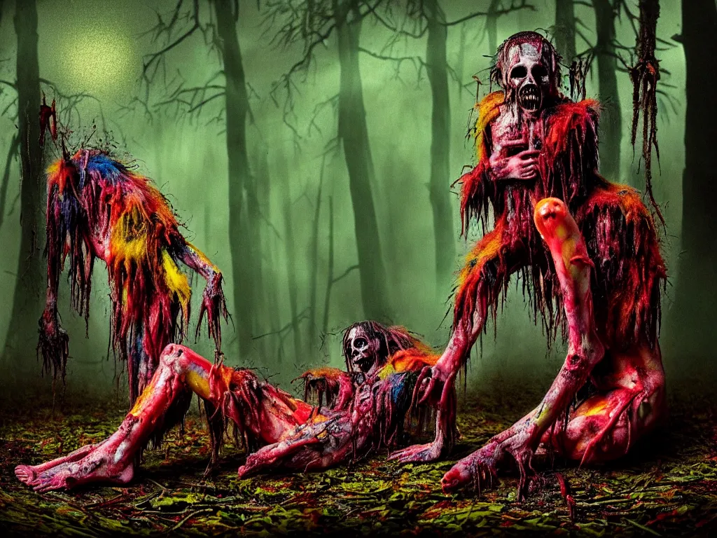 Prompt: a beautiful colorful ( flesh - eating ) gazipagmo covered in raindow fur and maggots, eating the leg of a screaming man, in a creepy forest with melting trees, schizophrenic hallucination, fear, morbid, nightmare, supernatural, 8 k, hd photography, highly detailed, chiaroscuro, terrifying