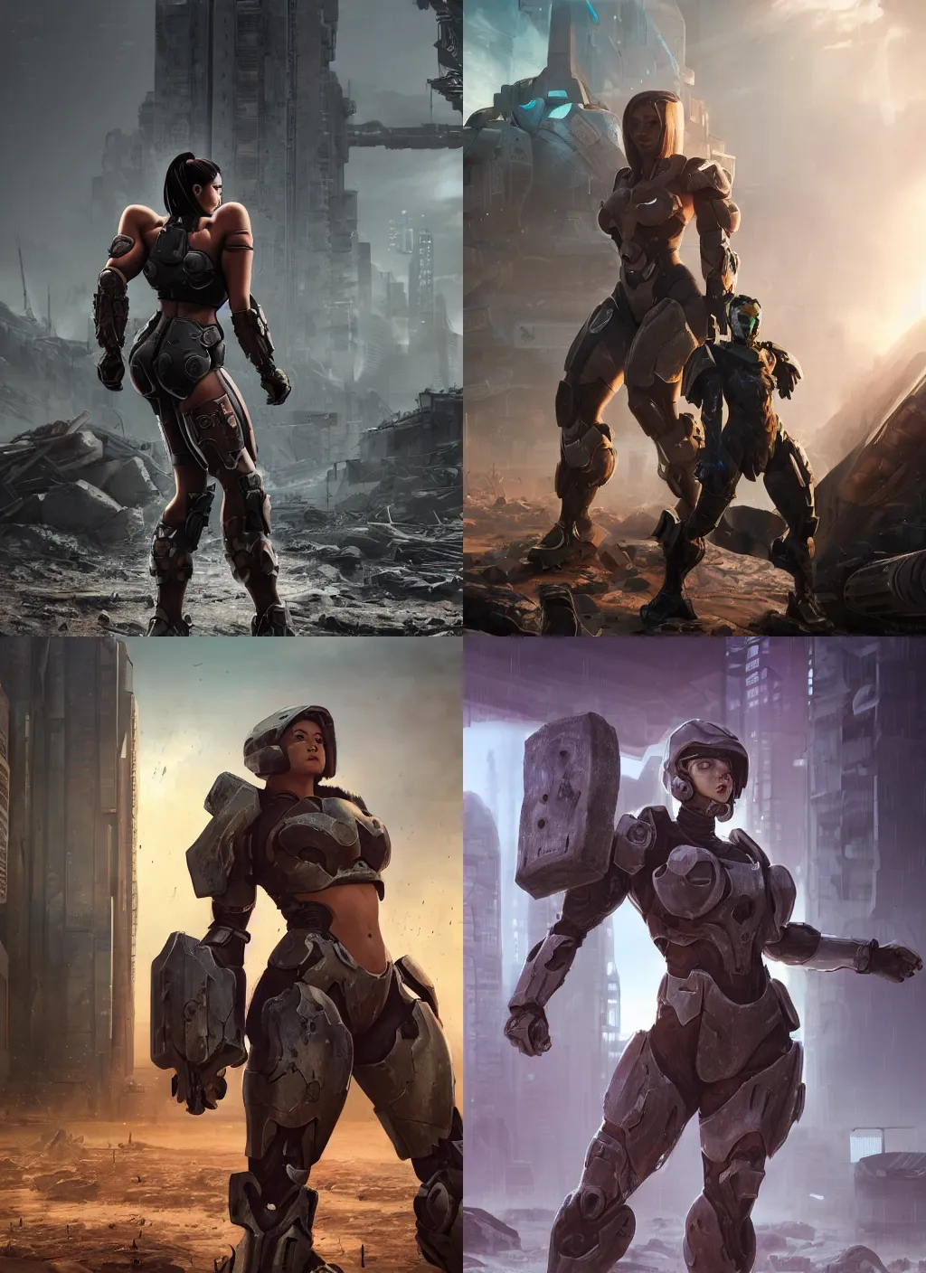 Prompt: a beefy bulky body builder female warrior walking in a cyberpunk wasteland facing the camera, mjolnir armor from halo infinite without a helmet, female face features, 8K, octane render, Digital painting, concept art, illustration, sharp focus, centered, good value control, realistic shading, rational painting, rubber undersuit