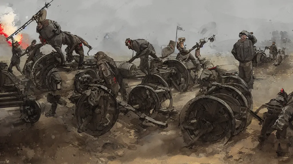 Image similar to artillery crew loading cannon shells into a howitzer, rule of thirds, watercolored, jakub rozalski, dark colours, dieselpunk, artstation