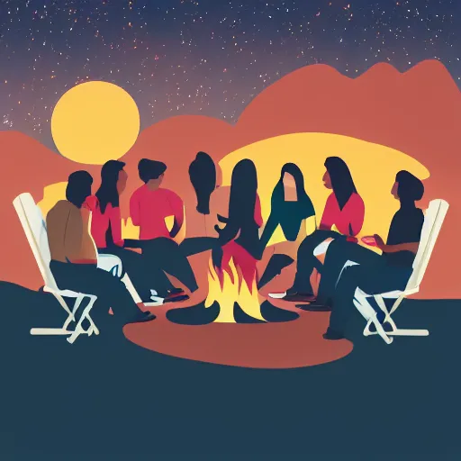 Image similar to group of teenagers sitting around a campfire, realistic, night