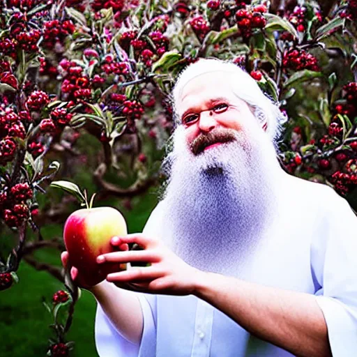 Prompt: beautiful professional photograph of a wizard with a very long white beard, brewing brewing!!!, potions!!!, elixirs, potions!!! potions, in an apple orchard