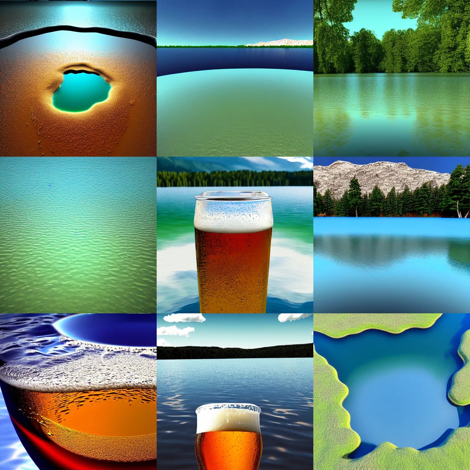 Prompt: lake filled with liquid with beer texture. artstation, ultrarealistic, hd, 4k, 8k, high detailed, realistic photo, 35mm
