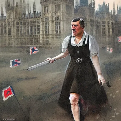 Image similar to adolf hitler wearing a dress in london geog darrow greg rutkowski