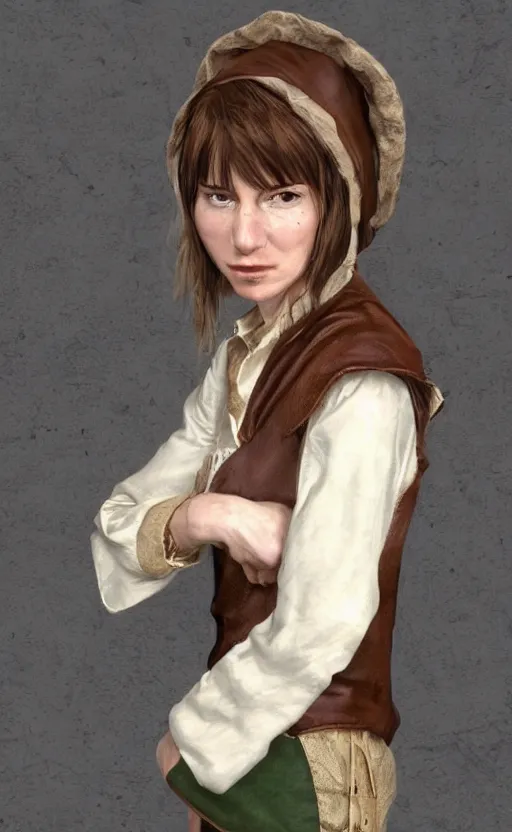 Prompt: a beautiful woman, beauty, high cheek bones, half smile, mischievous, bard, brown hair, messy hairstyle, short hair, cream colored peasant shirt, brown pants, leather boots, dark green cloak, round hood, elf ears, youthful, white background, proportionate, by John Howe, single face, trending on artstation, realistic, highly detailed, masterpiece