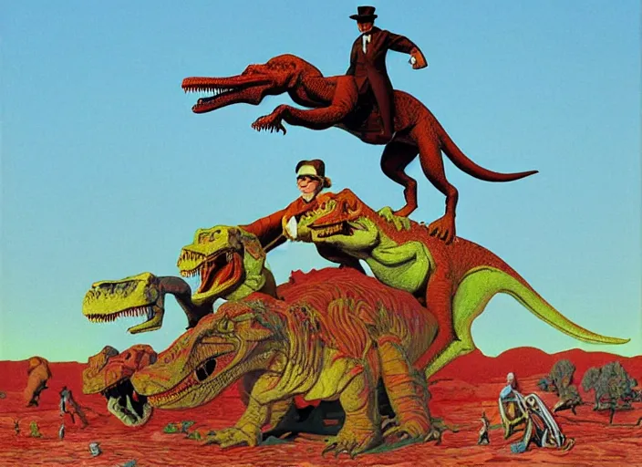 Image similar to Winston Churchill riding a T-Rex, painting by Jean Giraud and René Magritte and Gary Panter and Robert Crumb, claymation in octane