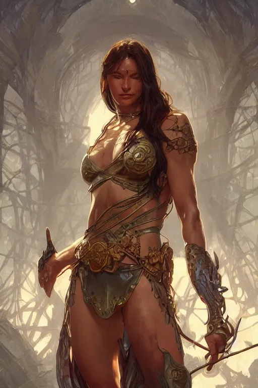 Image similar to portrait of an amazon, muscular, upper body, D&D, fantasy, intricate, cinematic lighting, highly detailed, digital painting, artstation, concept art, smooth, sharp focus, illustration, art by Artgerm and Greg Rutkowski and Alphonse Mucha