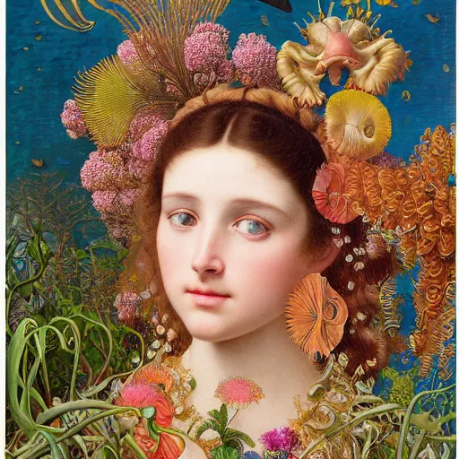 Prompt: hyperrealistic detailed portrait of a girl, with flowers, butterflies, corals, sea kelp, sea plants, starfish, jellyfish, bacteria, skeletons, golden filigree, art by ernst haeckel, john william godward, hammershøi, alphons mucha, pontormo, ornamental, decorative, art nouveau, lights by hopper, pastel colours,