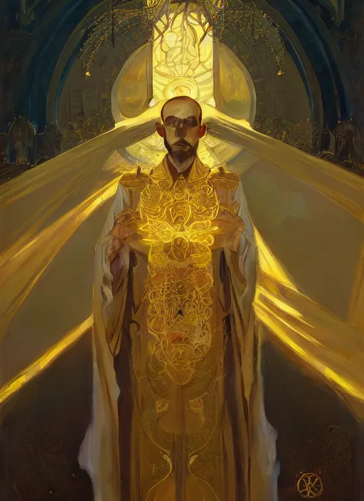 Image similar to a well endowed mage wearing gold robes, intricate concept art, ethereal, enchanted, ominous, dramatic lighting, illuminated lines, dark background, 8 k, by ruan jia and krenz cushart and alphonse mucha