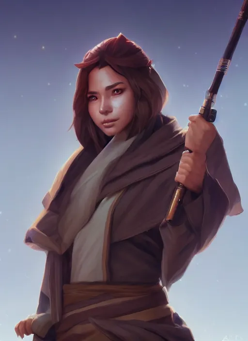 Image similar to beautiful portrait of a female anthro coyote wearing jedi robes. character design by charlie bowater, ross tran, artgerm, and makoto shinkai, detailed, soft lighting, rendered in octane