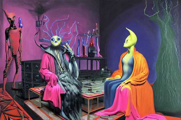 Image similar to a masterpiece painting in the laboratory of a technomancer wizard, in dazzle camouflaged robes, pointed hoods, he discusses sentience with his al djinn by remedios varo and anato finnstark and greg rutkowski and andy warhol and francis picabia. dayglo pink blue, prismatic, pearlescent, raven black, glowing, hyperrealism, trending on artstation