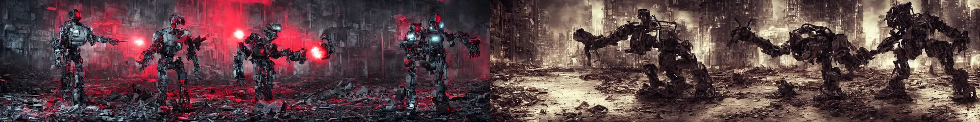 Prompt: a bipedal military robot crushing a skull with its hands. Derelict cityscape. Red back lit. Ominous. Sci-fi film production photo.