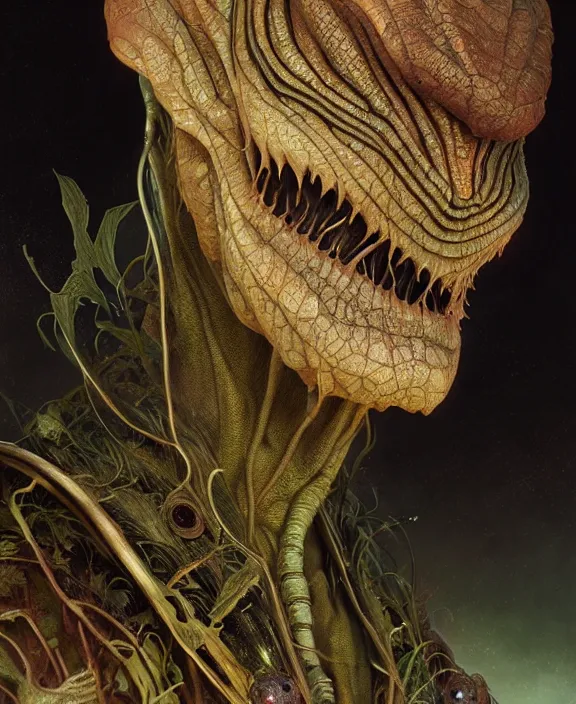 Image similar to intricate earth - toned portrait of a scary alien insect creature, mottling coloring, adorable, childlike, overgrown environment, ultra realistic, concept art, maximalist, photorealistic, octane render, 8 k, unreal engine. art by christopher marley and artgerm and greg rutkowski and alphonse mucha