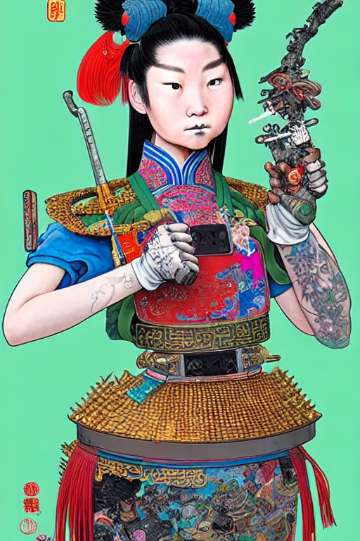 Image similar to full view, from a distance, of anthropomorphic trashcan as a girl warrior from the qing dynasty, full of trash, style of yoshii chie and hikari shimoda and martine johanna, highly detailed