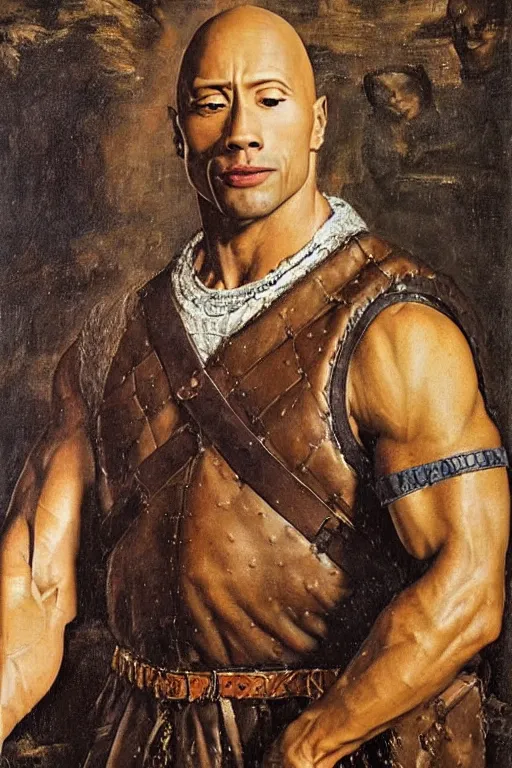 Image similar to dwayne the rock johnson, renaissance 1 6 0 0 portrait of dwyane the rock, oil painting by jan van eyck, northern renaissance art, oil on canvas, wet - on - wet technique, realistic, expressive emotions, intricate textures, illusionistic detail