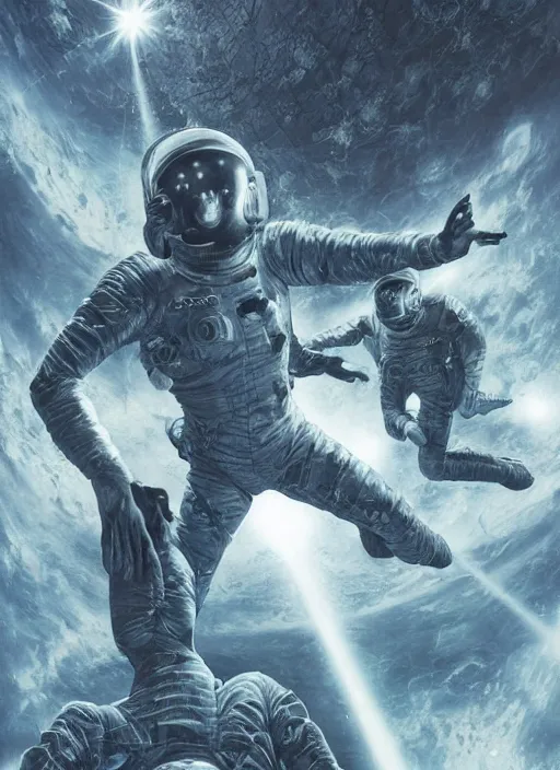 Image similar to astronauts in dark and empty void underwater poster - complex and hyperdetailed technical suit. reflection and dispersion materials. rays and dispersion of light. volumetric light. 5 0 mm, f / 3 2. noise film photo. flash photography. ultra realistic, wide angle. poster by wayne barlowe, hajime sorayama aaron horkey, craig mullins