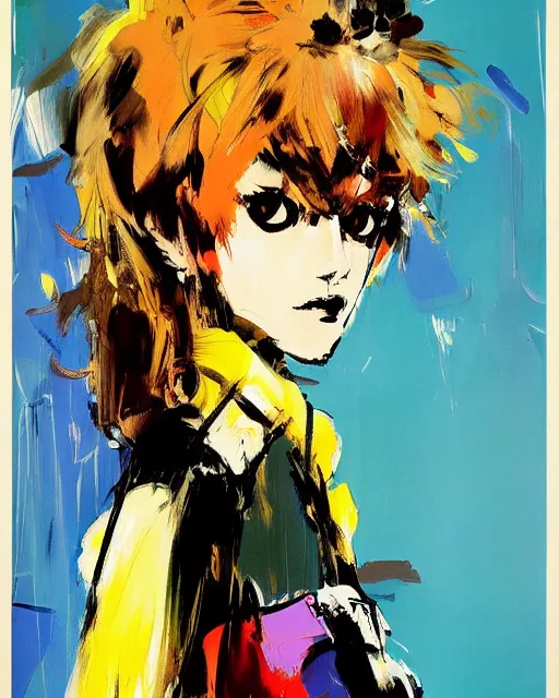 Image similar to Fashion model girl by Ashley Wood, Yoji Shinkawa, Jamie Hewlett, 60's French movie poster, French Impressionism, vivid colors, palette knife and brush strokes, Dutch tilt