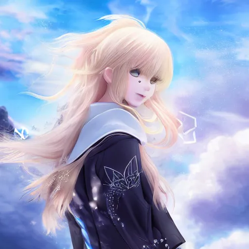 Prompt: blonde - haired princess, anime princess, wearing black jacket and white leggings, greek hillside city, portal in the sky, spinning clouds, portal in sky, strong lighting, strong shadows, vivid hues, ultra - realistic, sharp details, subsurface scattering, intricate details, hd anime, 2 0 1 9 anime