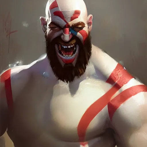 Prompt: oil painting of happy kratos as an mcdonald employee trending on artstation by greg rutkowski