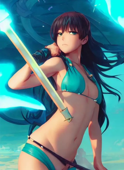 Prompt: Anime in Bikini with Battleaxe glowing emanating teal energy, dungeons and dragons portrait, highly detailed, digital painting, artstation, concept art, sharp focus, illustration, art by artgerm and greg rutkowski and alphonse mucha, Unreal Engine, 8k, HD