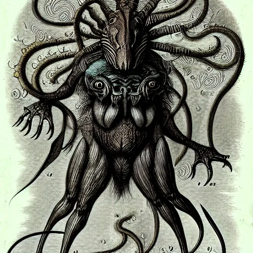 Image similar to bestiary of creatures from the depths of the unconscious psyche