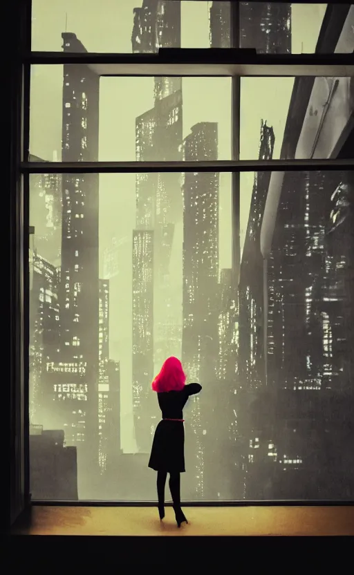 Prompt: vertical movie frame, girl in 7 0's retro restaurant, editorial, fashion, neon - decorated urban on night in the city seen through the window, modern architecture design, vintage, night, blade runner, dark, clean lines, asian futuristic city at distance, big windows, octane, wide angle