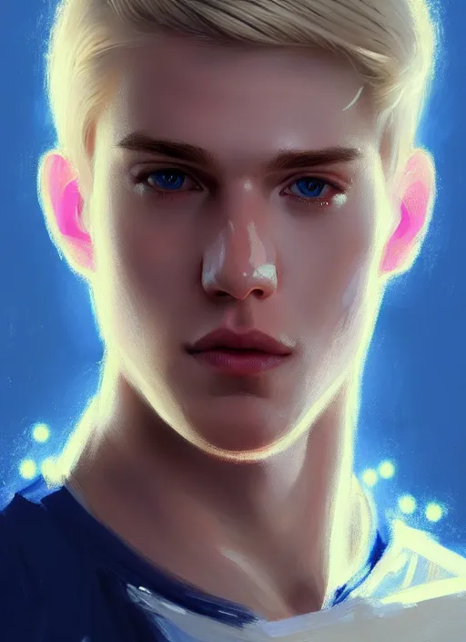 Prompt: portrait of young kevin keller with blonde hair, blonde hair, blue eyes, defined jawline, intricate, elegant, glowing lights, highly detailed, digital painting, artstation, concept art, smooth, sharp focus, illustration, art by wlop, mars ravelo and greg rutkowski