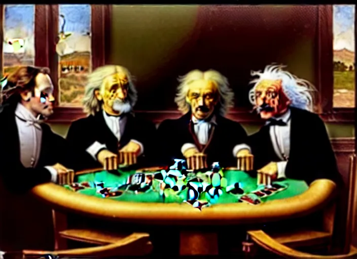 Image similar to isaac newton and stephen hawkins and albert einstein playing poker in an old west saloon, intricate, highly detailed, centered, digital painting, artstation, concept art, smooth, sharp focus, illustration, art by james gurney and norman rockwell and greg rutkowski