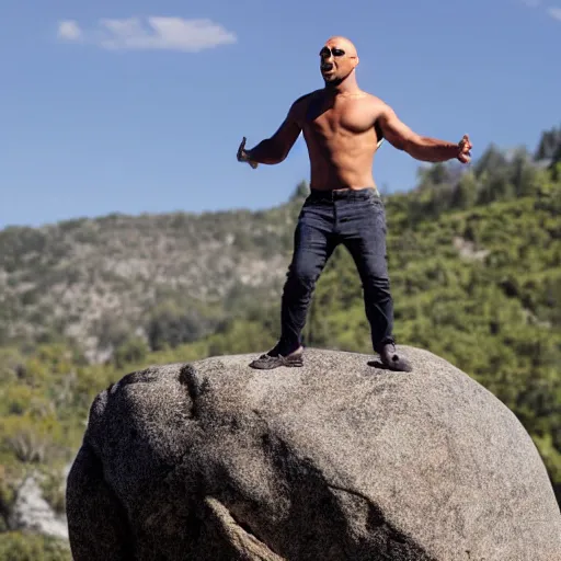 Image similar to dwayne the rock jonson standing on a rock and singing in a rock concert