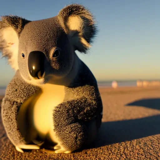 Image similar to A Koala playing the Ukulele on a beach at sunset. 50mm lens, f1.8