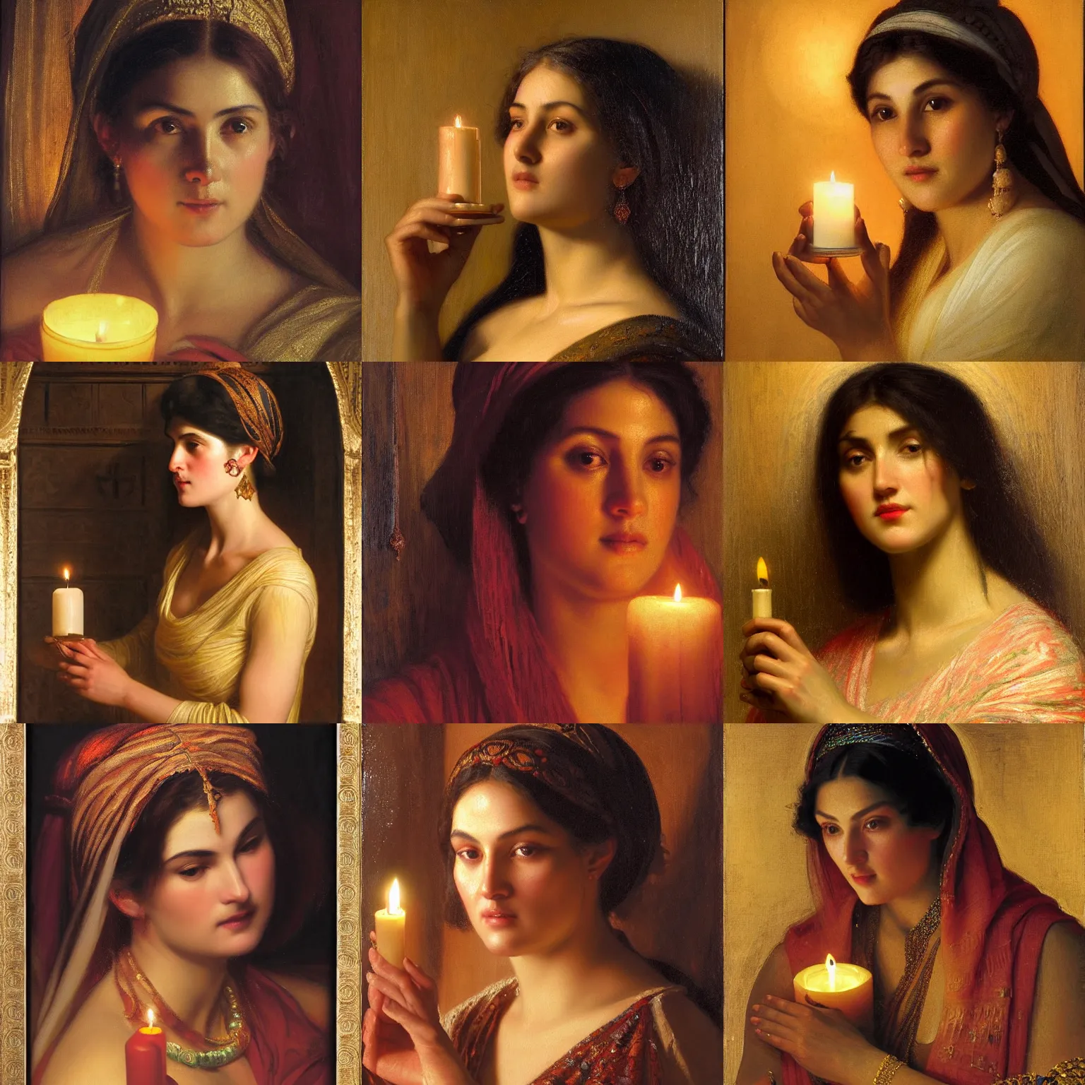 Prompt: orientalism face detail of a beautiful woman holding a candle in the dark by edwin longsden long and theodore ralli and nasreddine dinet and adam styka, masterful intricate art. oil on canvas, excellent lighting, high detail 8 k