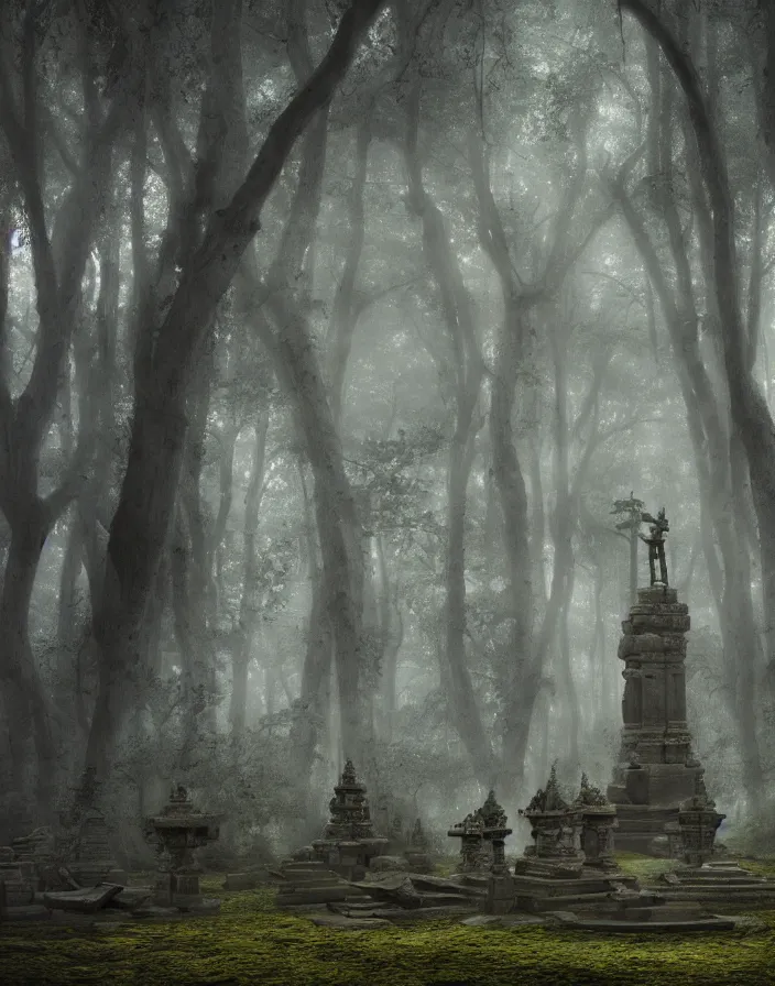 Image similar to an ancient temple with statues lost in a gigantic forest by ivan dedov, painting, cinematography, epic lighting, volumetric, fog,