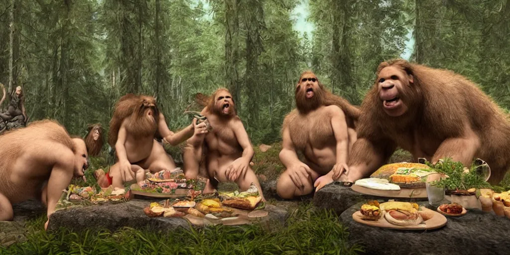 Image similar to ultra realistic photo, three hairy fat neanderthal people, emma!! watson!!, eating outside, surrounded by dinosaurs!, gigantic forest trees, sitting on rocks, bright moon, birthday cake on the ground, front view