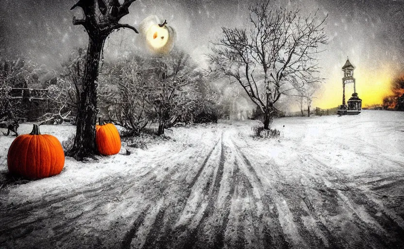 Image similar to “snowy halloween, HD photograph, award winning”