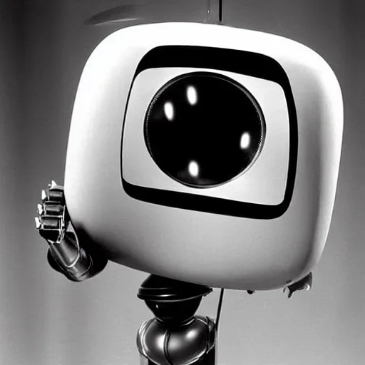 Prompt: robot with a crt television for a head, 1970 HQ photograph