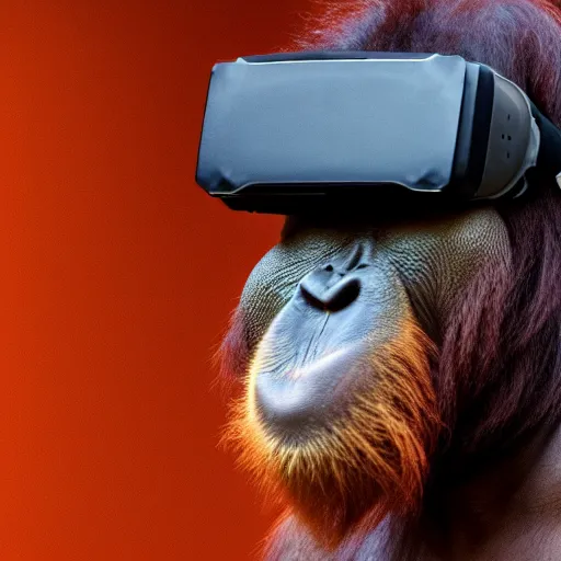Image similar to orangutan wearing a vr headset, black background