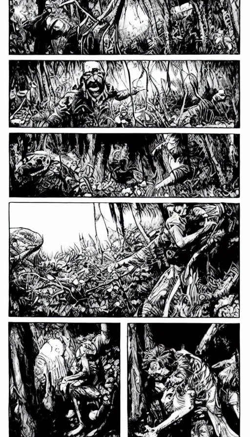 Prompt: multi - panel page from a highly detailed horror comic. a handsome rugged bearded man treks through a rainforest. finds an ancient temple. ink.