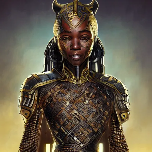 Image similar to wakandan warrior in steampunk style armor, ultra realistic, concept art, intricate details, eerie, horror, highly detailed, photorealistic, octane render, 8 k, unreal engine. art by artgerm and greg rutkowski and alphonse mucha