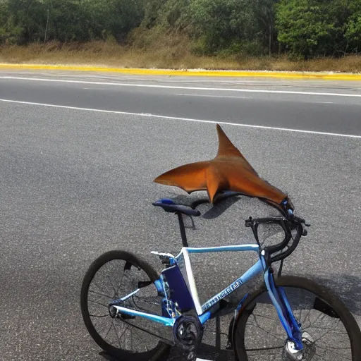 Prompt: photograph of a stingray riding a bicycle