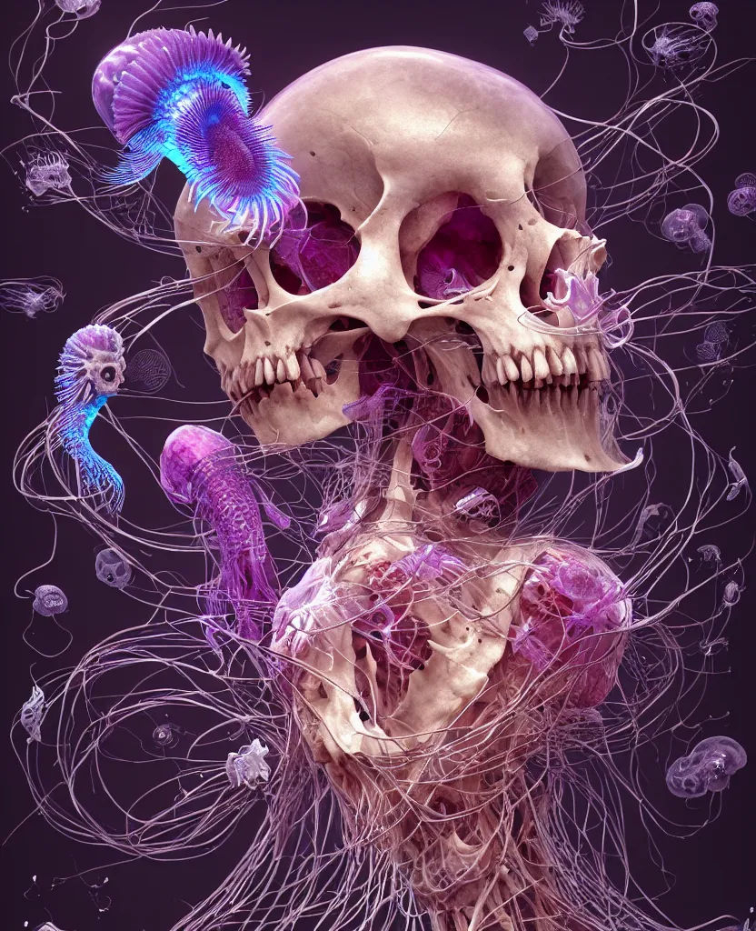 Image similar to goddess close-up portrait ram skull, thorax, x-ray, backbone, jellyfish phoenix head, nautilus, orchid, skull, betta fish, bioluminiscent creatures, intricate artwork by Tooth Wu and wlop and beeple. octane render, trending on artstation, greg rutkowski very coherent symmetrical artwork. cinematic, hyper realism, high detail, octane render, 8k