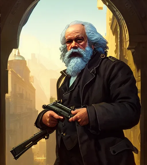 Image similar to highly detailed portrait karl marx with a rifle in gta v, stephen bliss, unreal engine, fantasy art by greg rutkowski, loish, rhads, ferdinand knab, makoto shinkai and lois van baarle, ilya kuvshinov, rossdraws, tom bagshaw, global illumination, radiant light, detailed and intricate environment